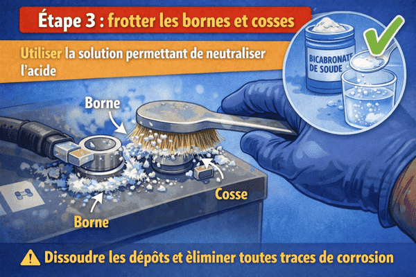 brosse métallique nettoyant la corrosion sur les bornes et cosses de batterie de voiture