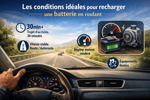 Conditions idéales pour recharger une batterie de voiture en roulant.