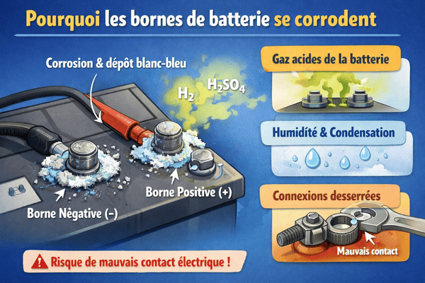Bornes de batterie corrodées avec dépôts blancs et bleus