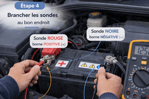 Branchement des sondes rouge et noire du multimètre sur les bornes positive et négative de la batterie