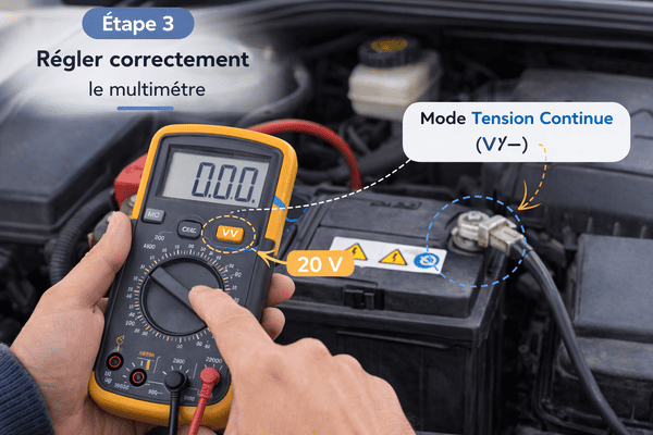 Réglage du multimètre en mode tension continue 20V pour tester une batterie de voiture
