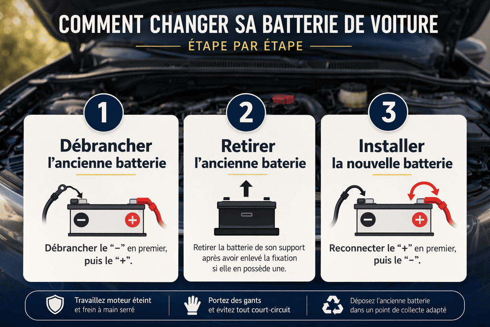Débranchement de la borne négative et positive d'une batterie de voiture
