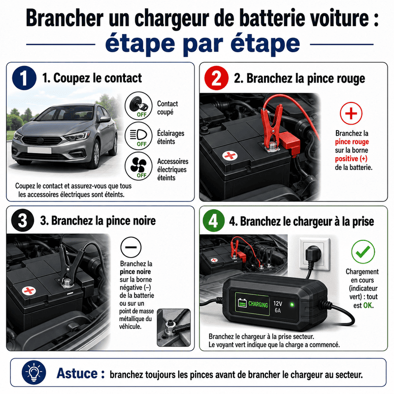 Étapes pour brancher un chargeur de batterie voiture en sécurité