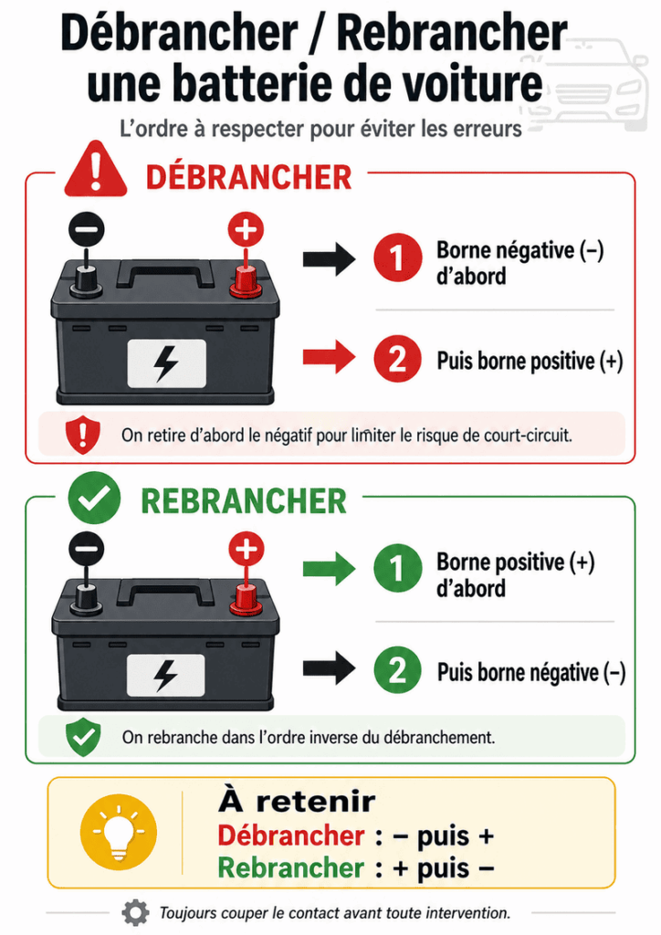 Ordre à respecter pour débrancher et rebrancher une batterie de voiture
