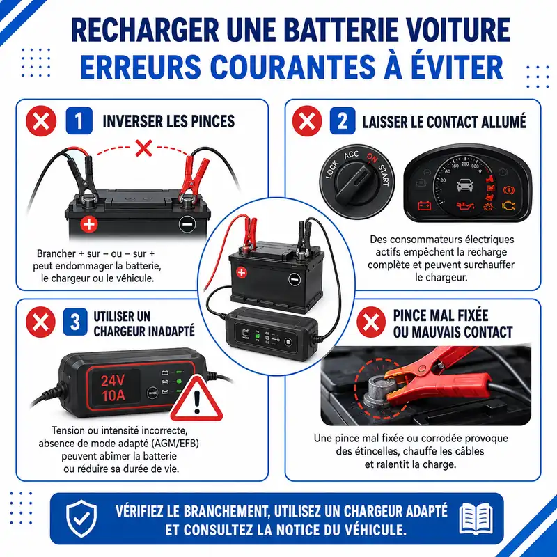 Erreurs à éviter lors de la recharge d’une batterie de voiture sans la démonter.