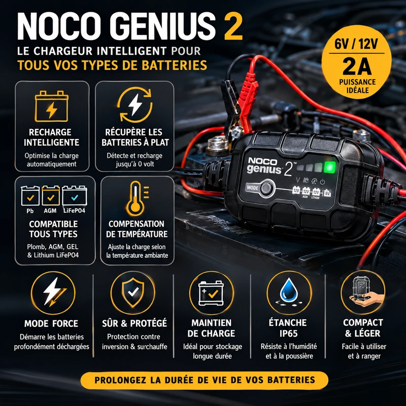 Modes de charge du NOCO Genius 2 pour batteries 6V 12V AGM et lithium