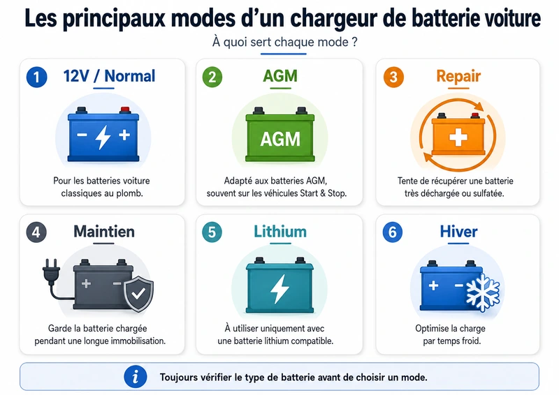 Schéma pour choisir le bon mode de chargeur de batterie voiture