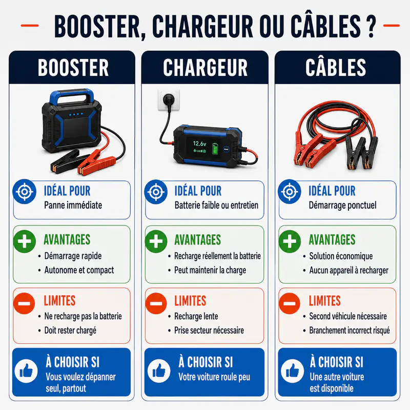 Comparatif des avantages et inconvénients du booster, du chargeur et des câbles de démarrage