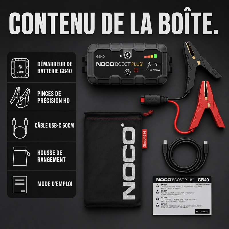 Contenu de la boîte du NOCO Boost GB40 avec pinces et câble USB