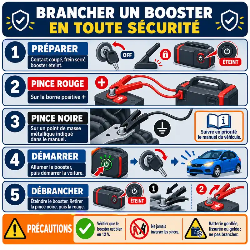 Branchement des pinces d’un booster sur une voiture Start & Stop