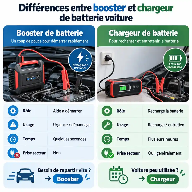 Différences entre booster et chargeur de batterie voiture