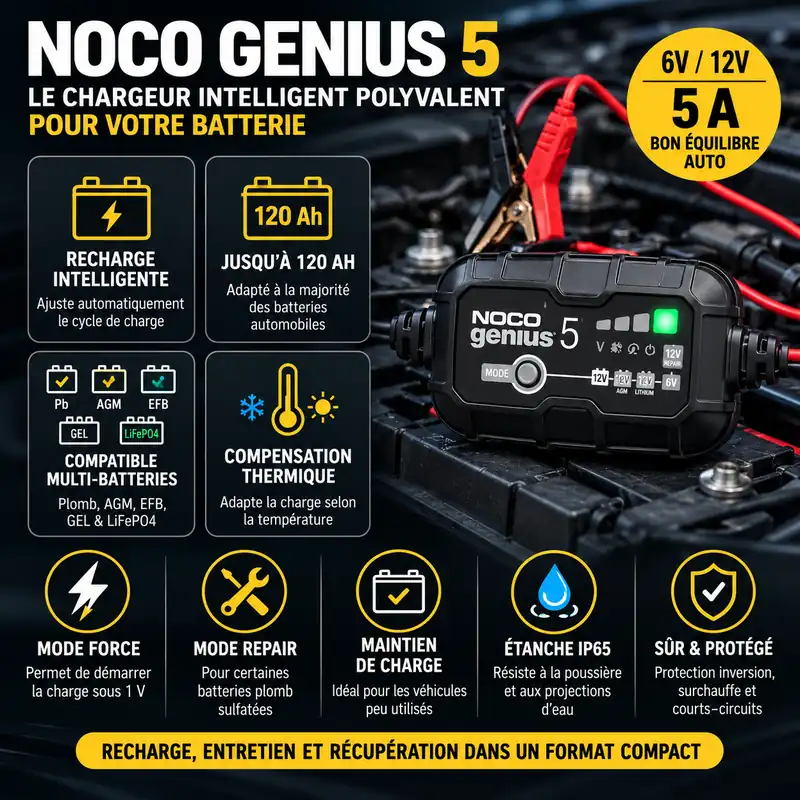 Modes de charge du chargeur NOCO Genius 5 pour batterie 6V et 12V